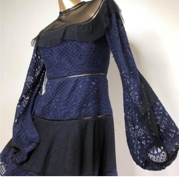 Lucia’s Sarto ♍️ dress navy blue lace black ruffle medium - Picture 5 of 16